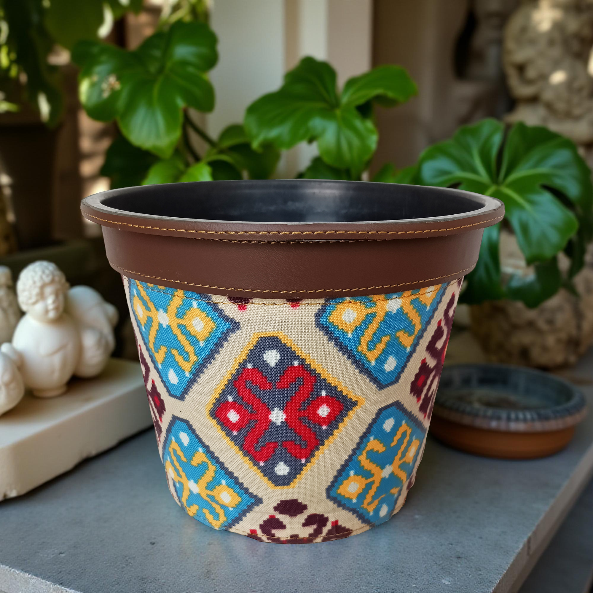 Stylish Decorative Multi-Color Planter with Vegan Leather Rim (Medium)