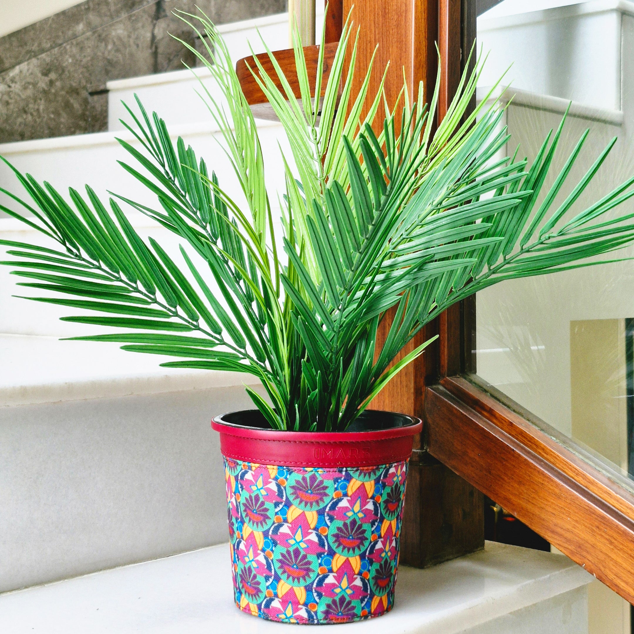 Stylish Decorative Multi-Color Planter with Vegan Leather Rim (Medium)