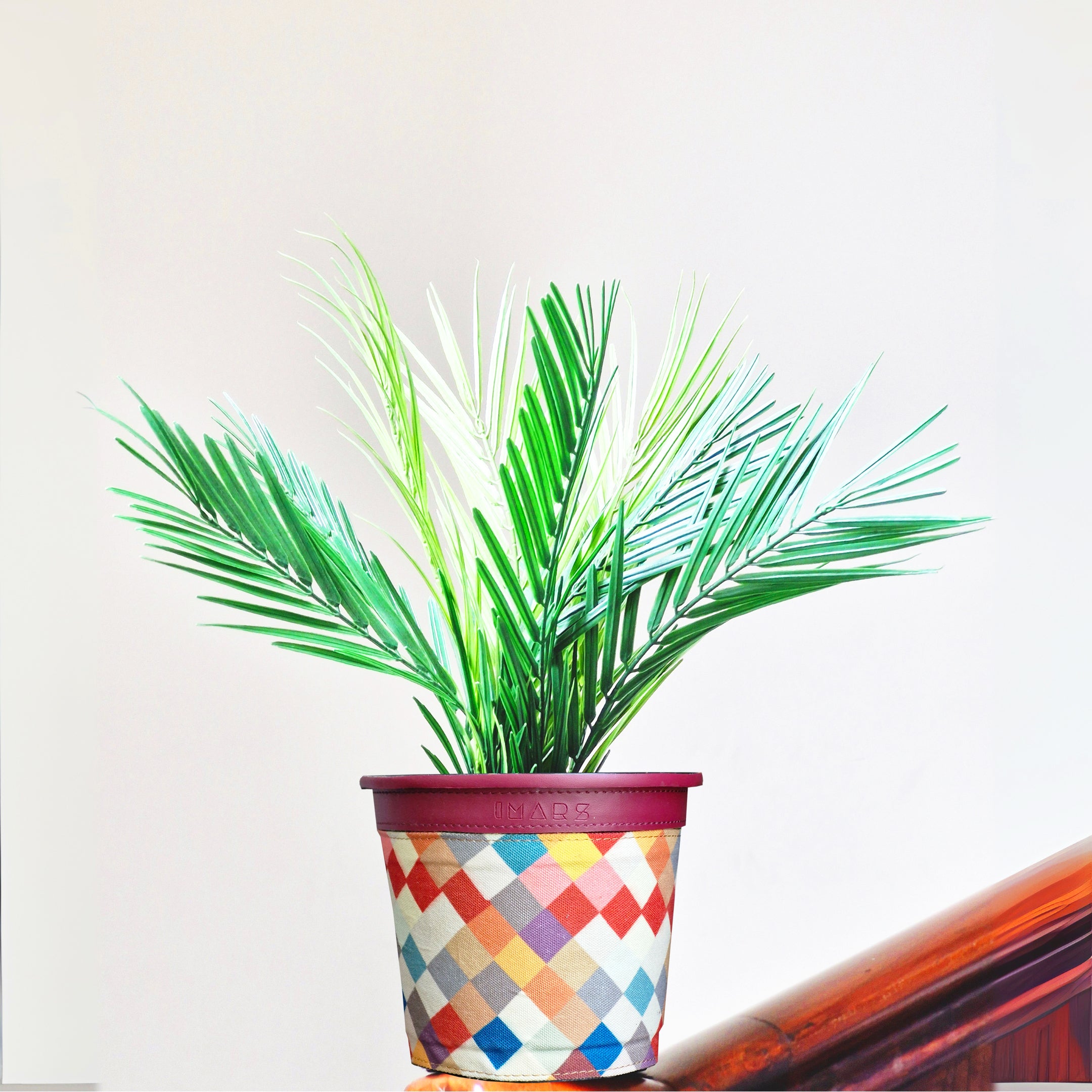 Stylish Decorative Planter with Geometric Print & Maroon Rim (Small)