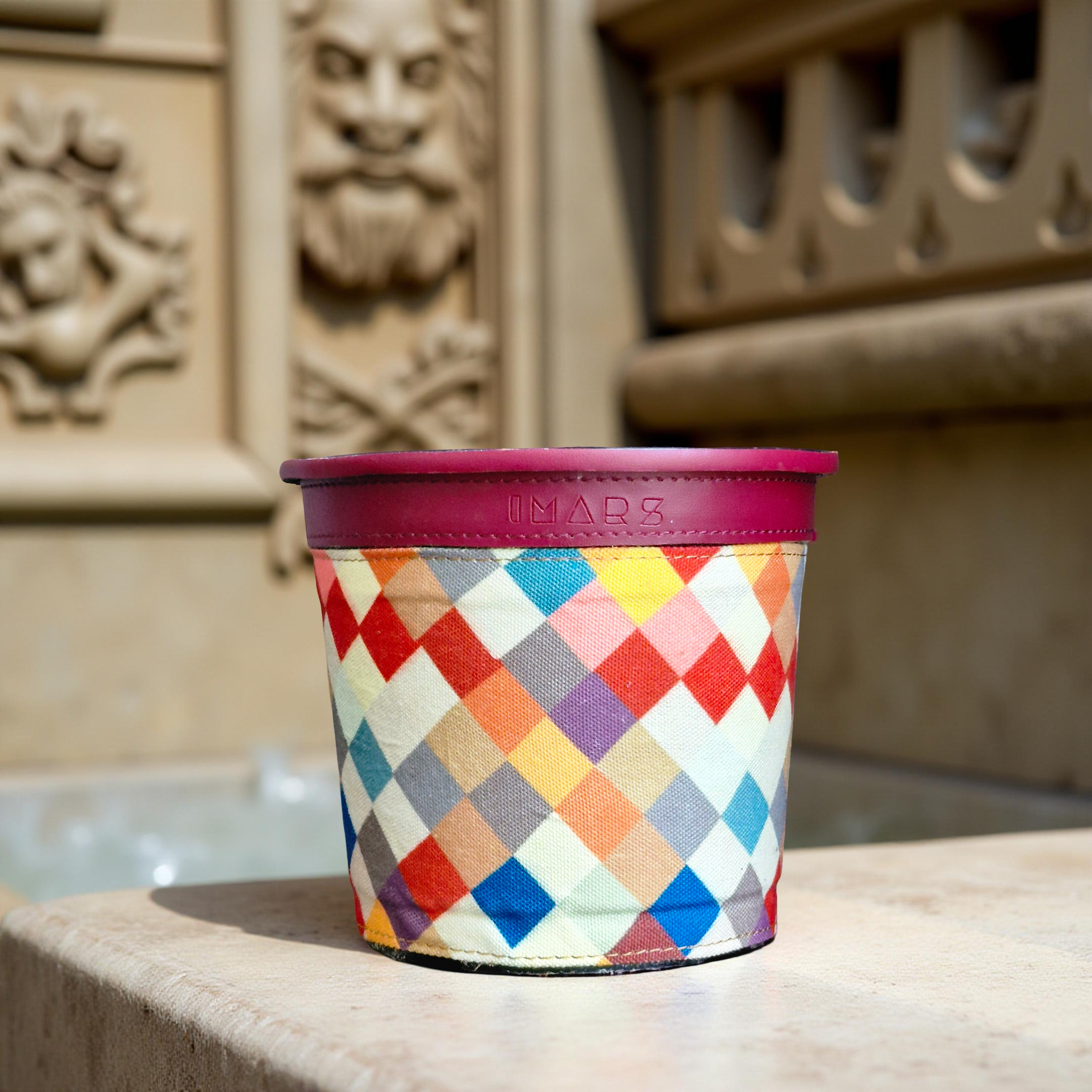 Stylish Decorative Planter with Geometric Print & Maroon Rim (Small)