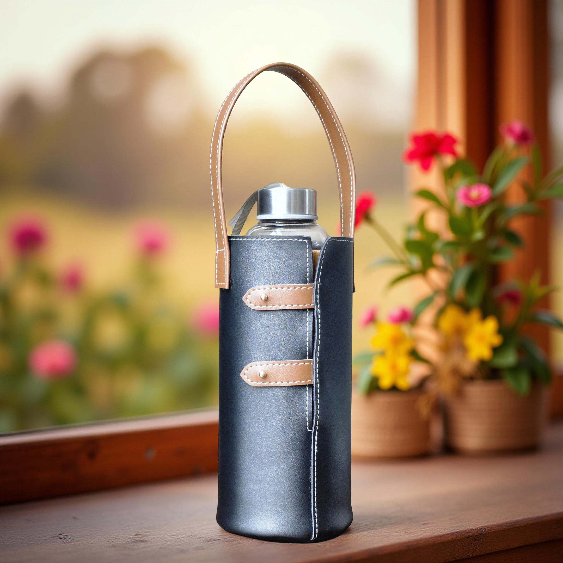Premium & Stylish Water Bottle Holder with Carry Handle made from Vegan Leather