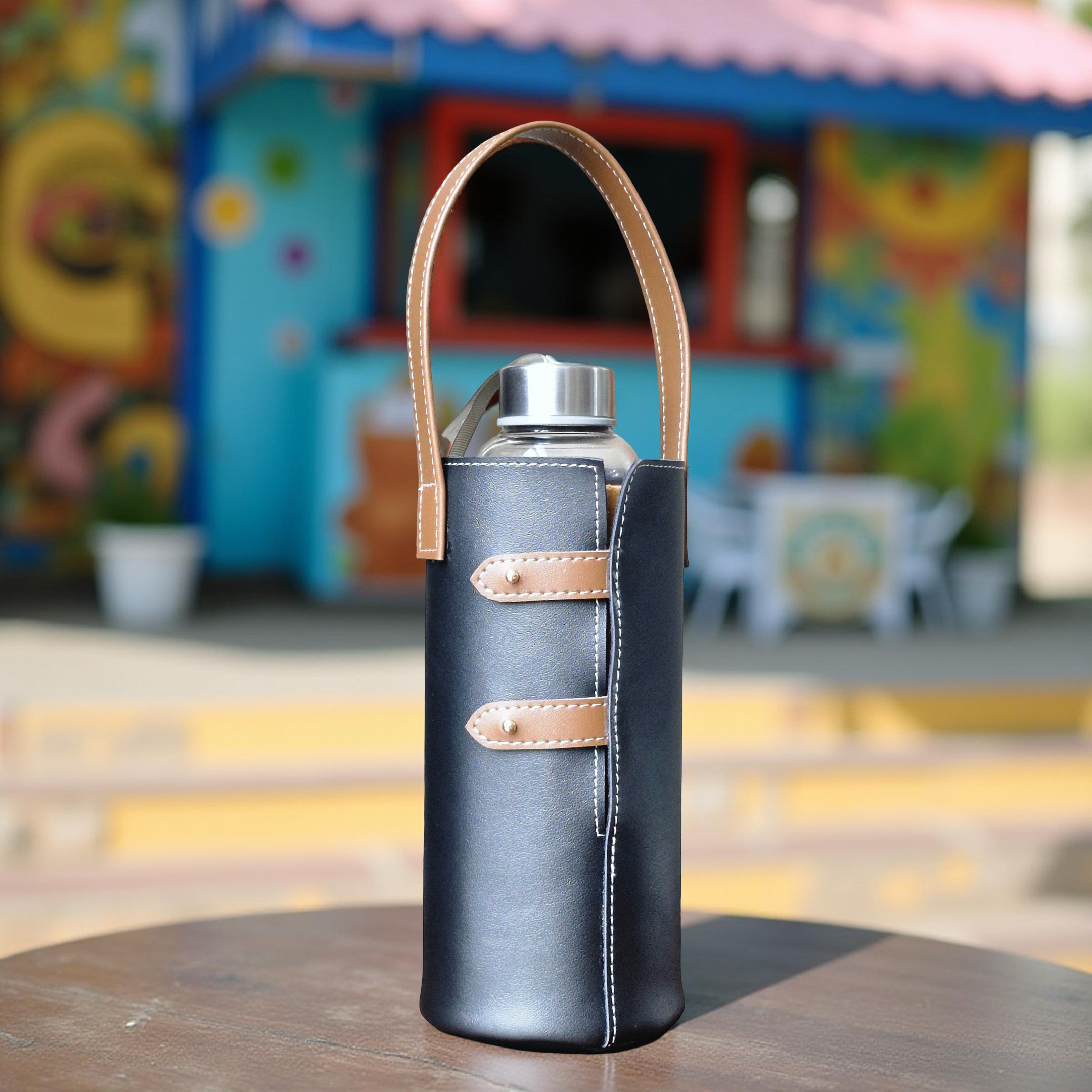 Premium & Stylish Water Bottle Holder with Carry Handle made from Vegan Leather